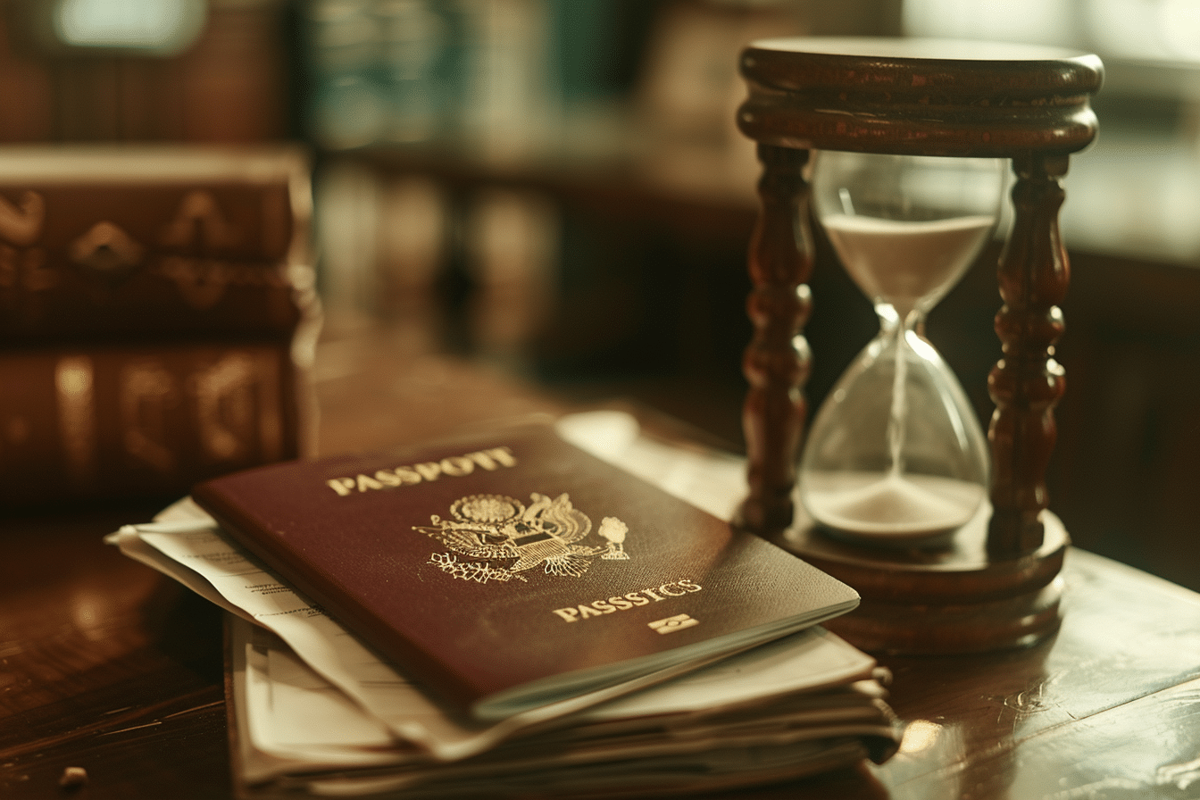 Naturalisation en France : passeport, dossier administratif et sablier symbolisant l’attente.