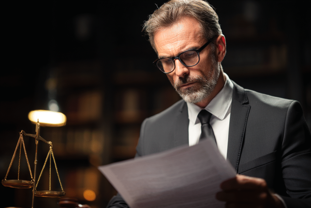 محامي يقرأ ملف OQTF في مكتبه، مركز، مع ميزان العدل وقانون مدني على الطاولة.