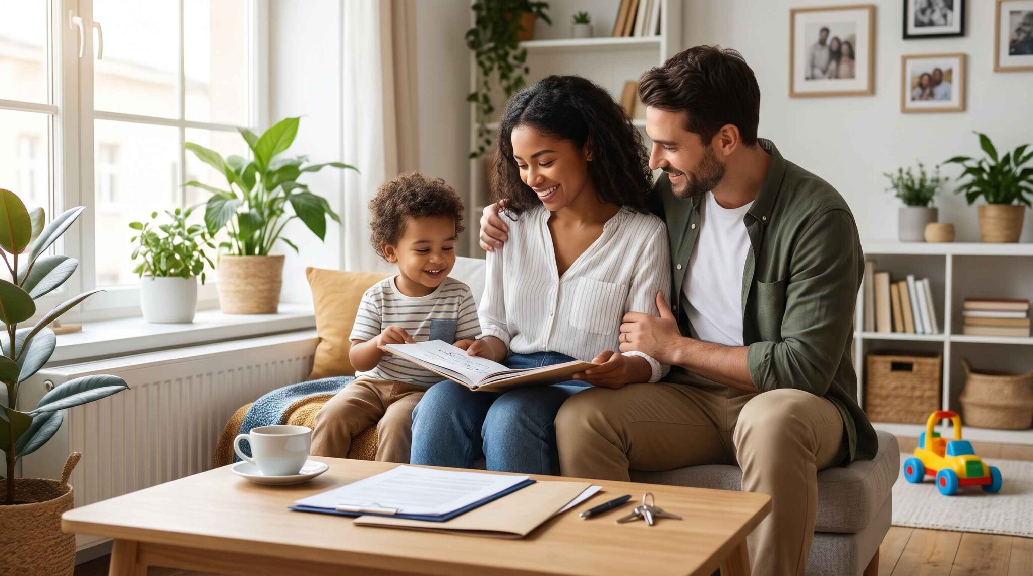 Un couple et leur enfant lisent sur un canapé, devant une table basse avec des documents officiels et des clés.