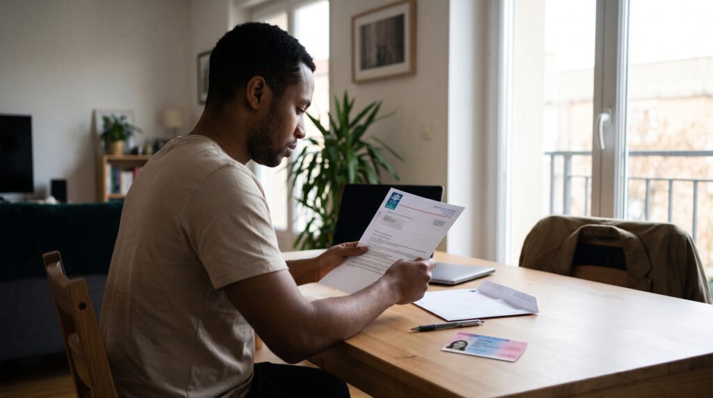 Dans un salon lumineux, un homme assis à table examine une lettre administrative près de son titre de séjour français.