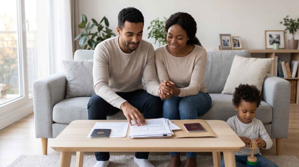 Un homme et une femme assis sur un canapé consultent des documents administratifs pendant que leur jeune enfant joue paisiblement.